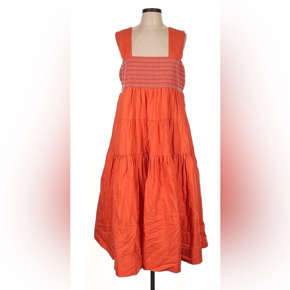 Anthropologie The Helena Square Neck Smocked Tiered Midi Orange Dress - Picture 2 of 5